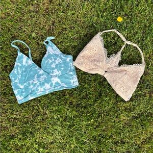 Blue Tie-Dye Bralette and Beige Lace Bra Set